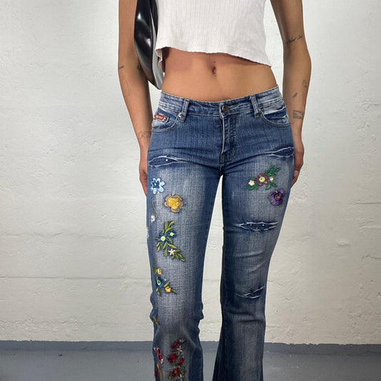 Vintage 2000’s Hippie Blue Denim Low Waisted Flared Pants with Colourful Floral Embroidery (S)