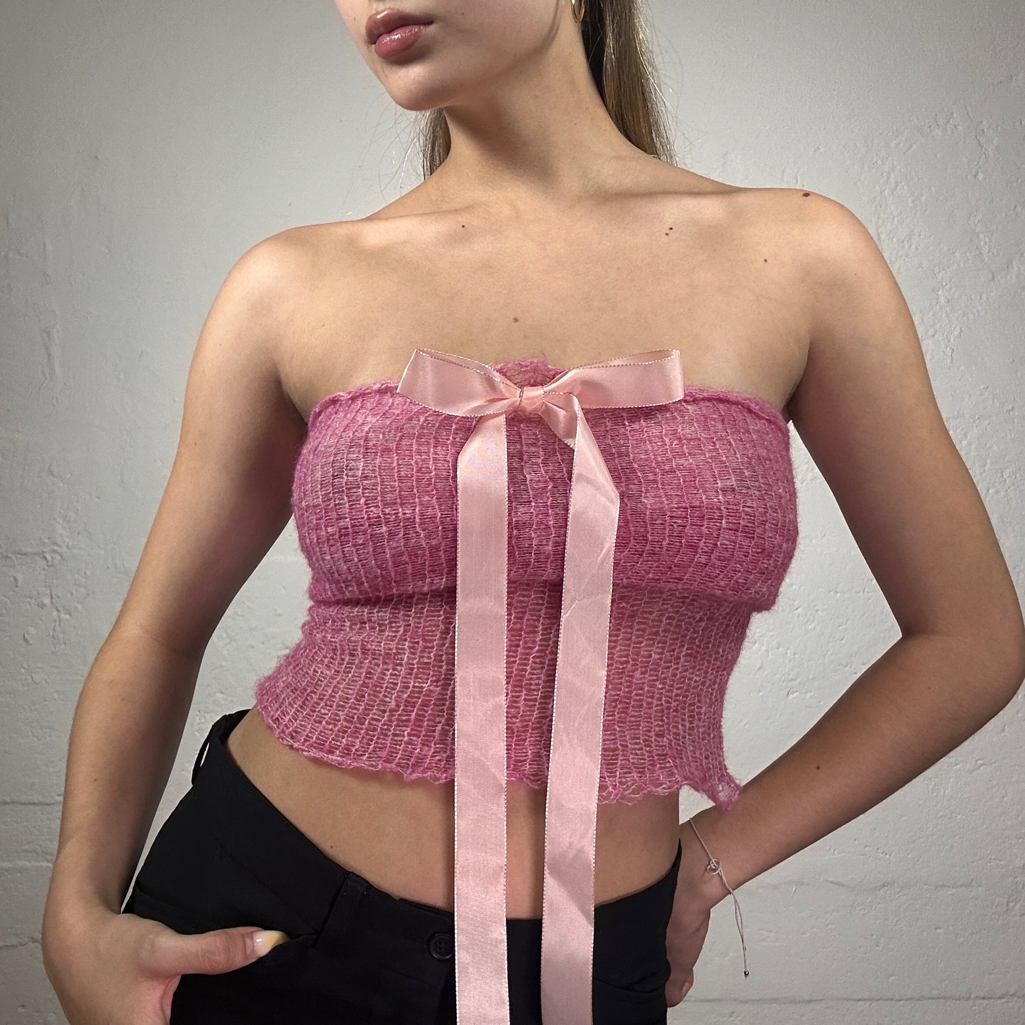 Handcrafted Original Coquette Pink Crochet Tube/Neckholder Top with Silky Baby Pink Stripe Detail (S)