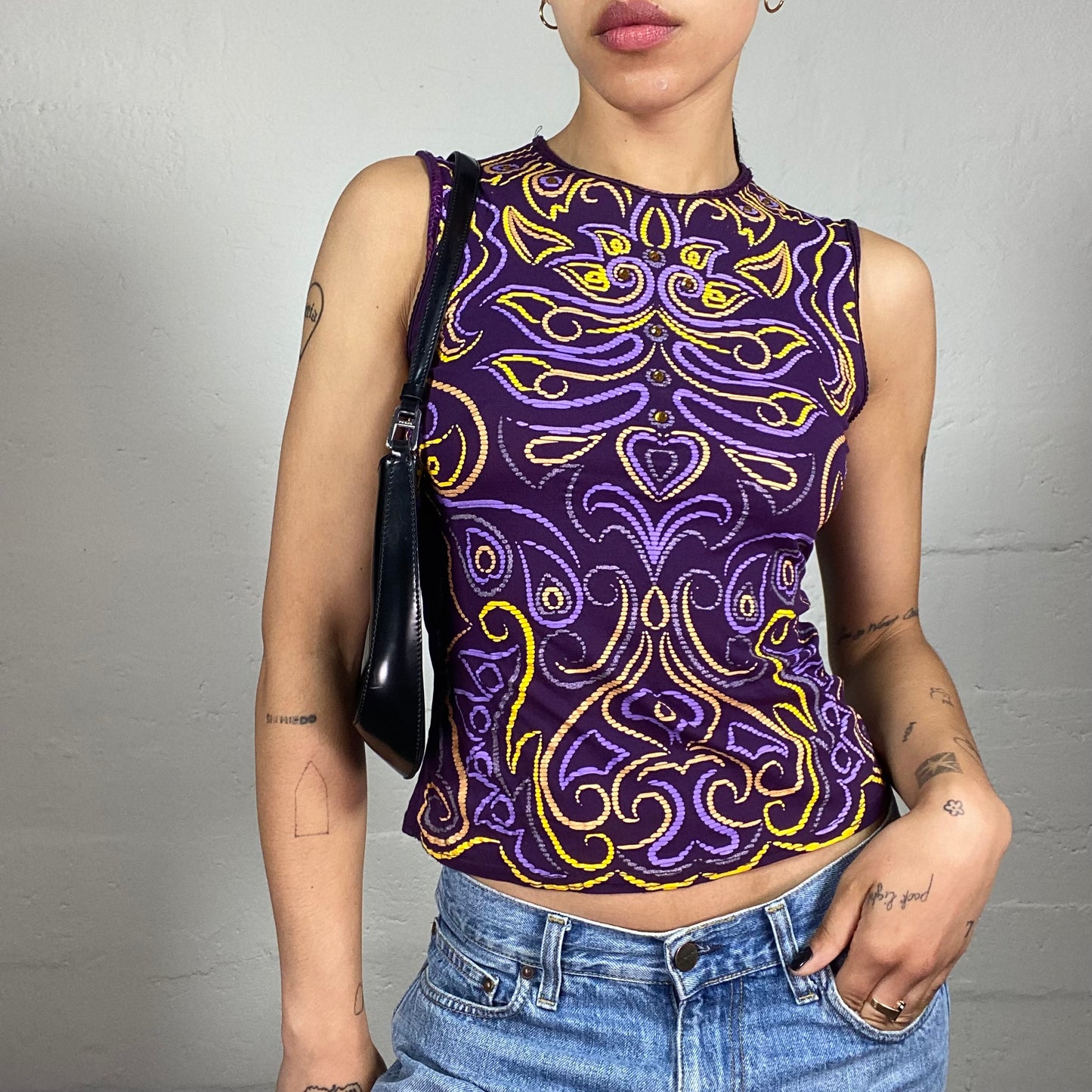 Vintage 2000's Summer Purple Tank Top with Matching Tone and Contrast Yellow Abstract Print (S)