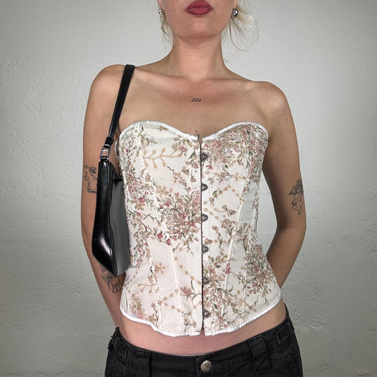 Vintage 2000's Soft Girl Ivory Bustier Corset Top with Tender Peachy Floral Print (S)