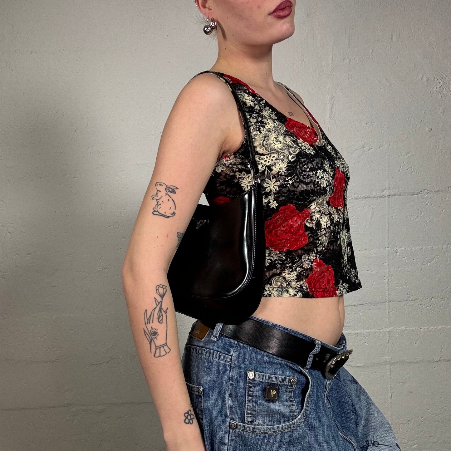 Vintage 2000's Romantic Red V-Neck Lace Top with Rose Print (S/M)