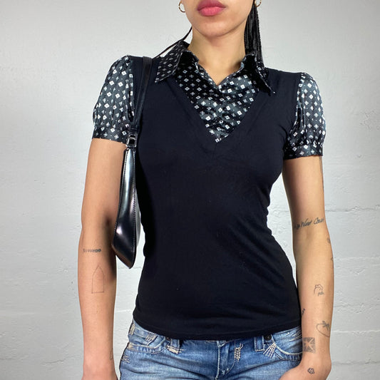 Vintage 2000's Coquette Black 2-Layered Doll Cut Top with Silky Collared Base (S)