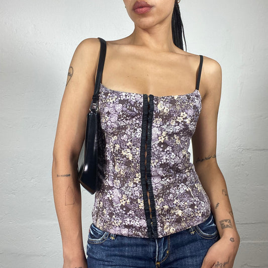 Vintage 2000's Soft Girl Baby Purple Mini Floral Print Corset Closing Cami Top (S/M)