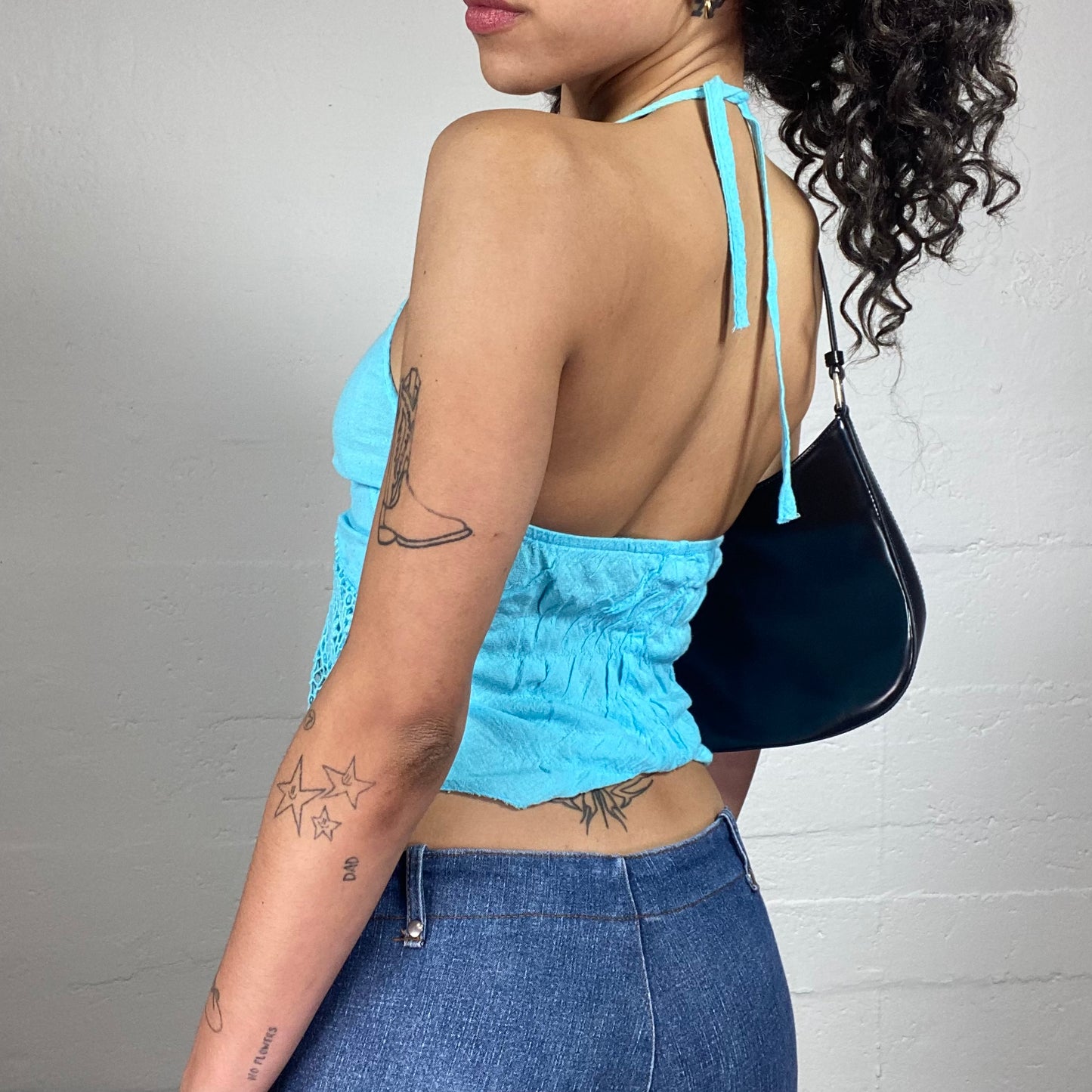 Vintage 2000's Summer Aquamarin Neckholder Top with Crochet Detail (S)