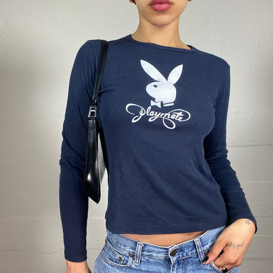 Vintage 2000's Playboy Casual Navy Blue Longsleeve Top with Playmate Logo White Print (L)