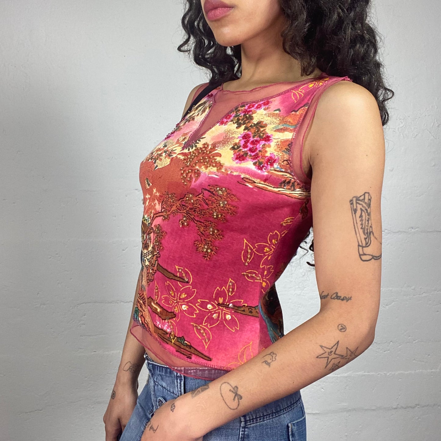 Vintage 2000's Boho Girl Pink and Orange Printed Tank Top with Mesh Detail (S)