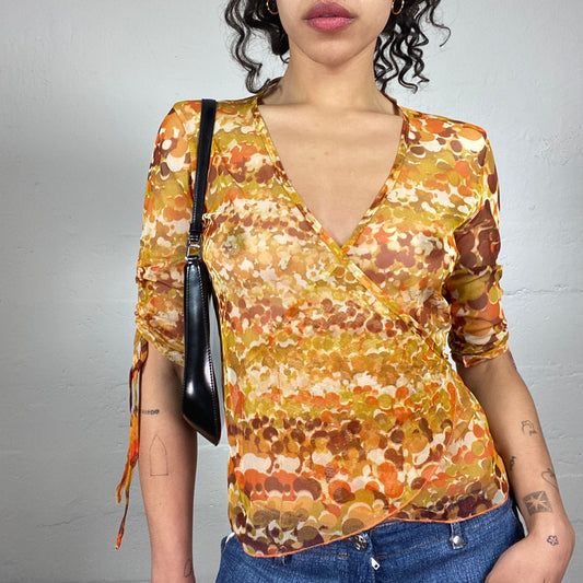 Vintage 2000's Summer Chiffon Printed Wrapped Up 2/4 Sleeve with Sleeve Rubber Sleeve Detail (L)