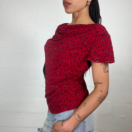 Vintage 2000’s Romantic Red Draped Short-Sleeved Top with Black Drops Print and Shiny Silver Details (M)