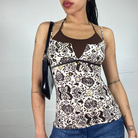 Vintage 2000's Summer Boho White and Brown Printed Layered Cami and Neckholder Combo Top (S)