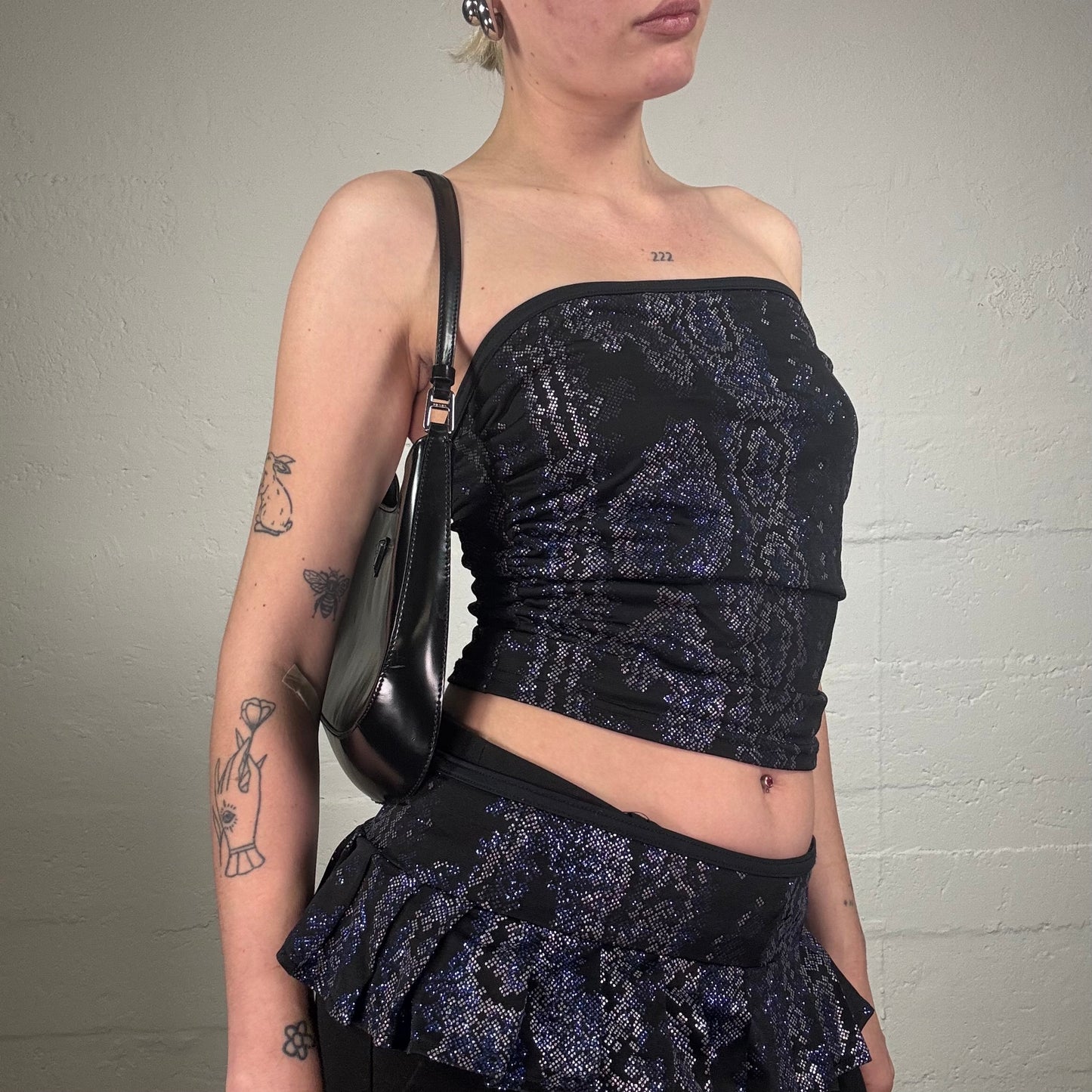 Vintage 2000's Funky Black and Purple Shiny Sequins and Rhinestones Decorated Micro Pleated Skirt and Tube Top Set (M)