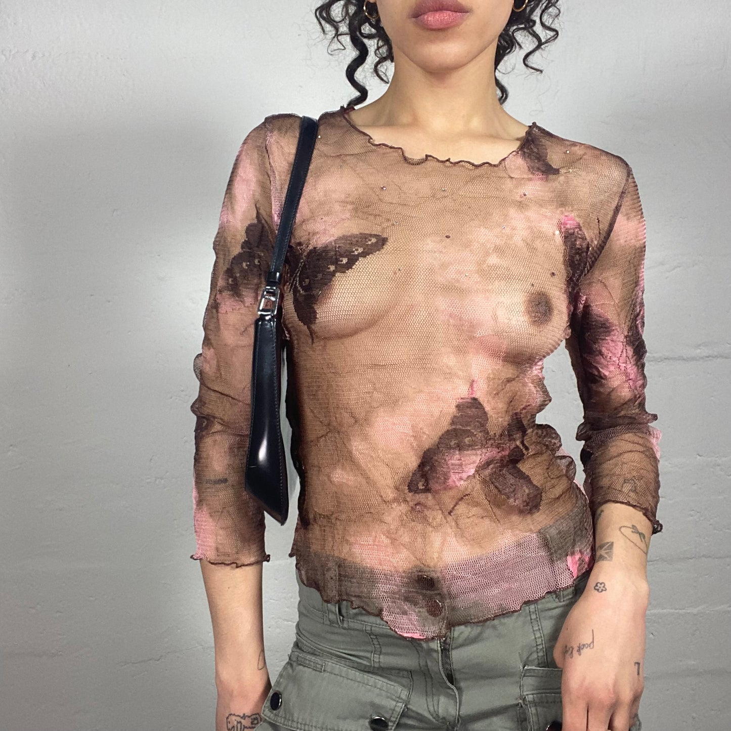 Vintage 2000's Romantic See-Through Brown Mesh Longsleeve Top with Butterfly Print and Pink Accents (S)