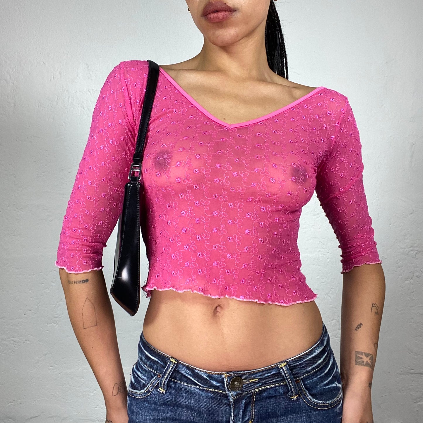 Vintage 2000's Summer Girl Hot Pink Mesh See-Through 2/4 Sleeve Top (S)