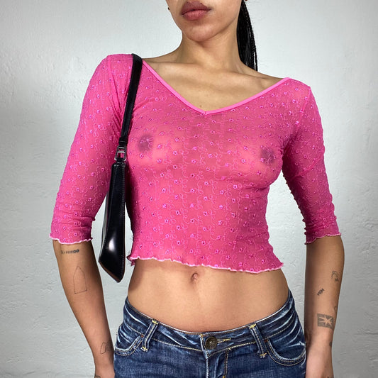 Vintage 2000's Summer Girl Hot Pink Mesh See-Through 2/4 Sleeve Top (S)