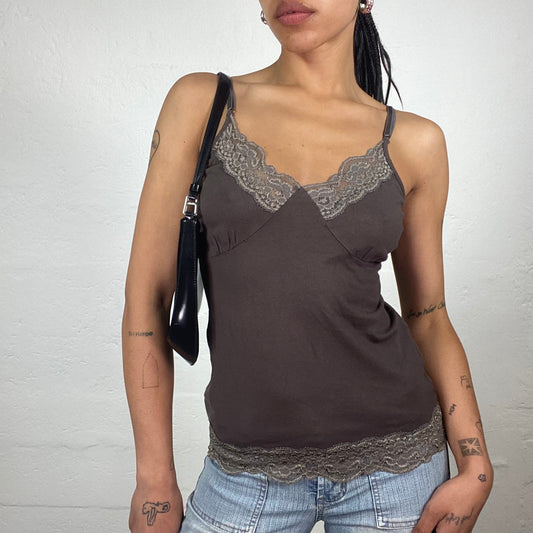 Vintage 2000’s Soft Girl Cold Brown Lingerie Style Cami Top with Lace Decorations (S)
