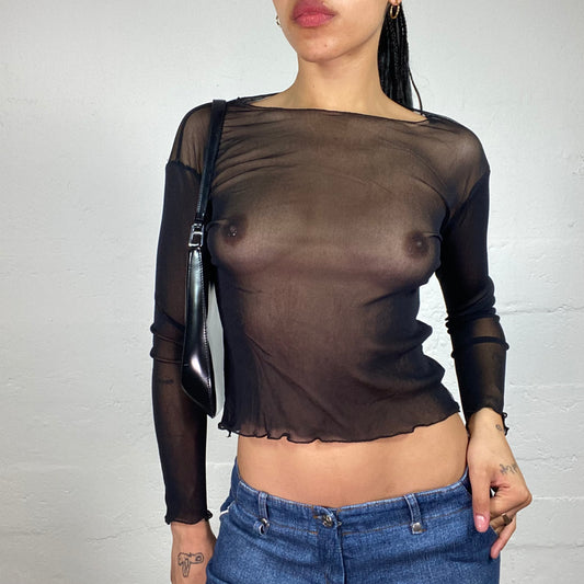 Vintage 2000's Clubwear Black Mesh See Through Longsleeve Top (S)