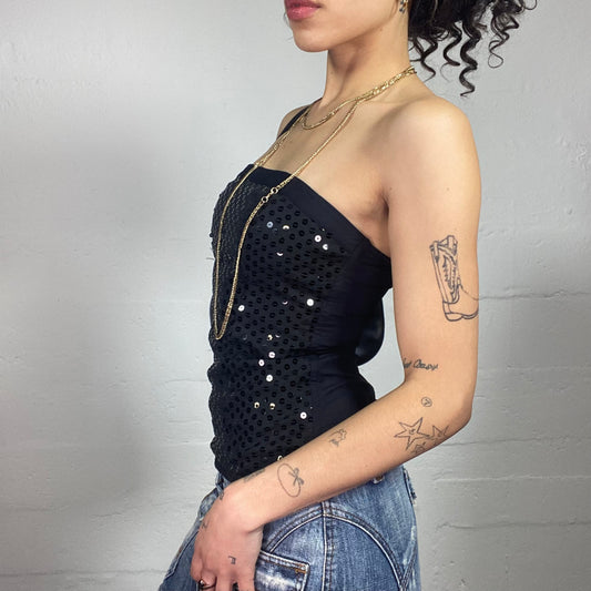 Vintage 2000's Glam Clubwear Black Sequins Corset Style Tube Top (S)