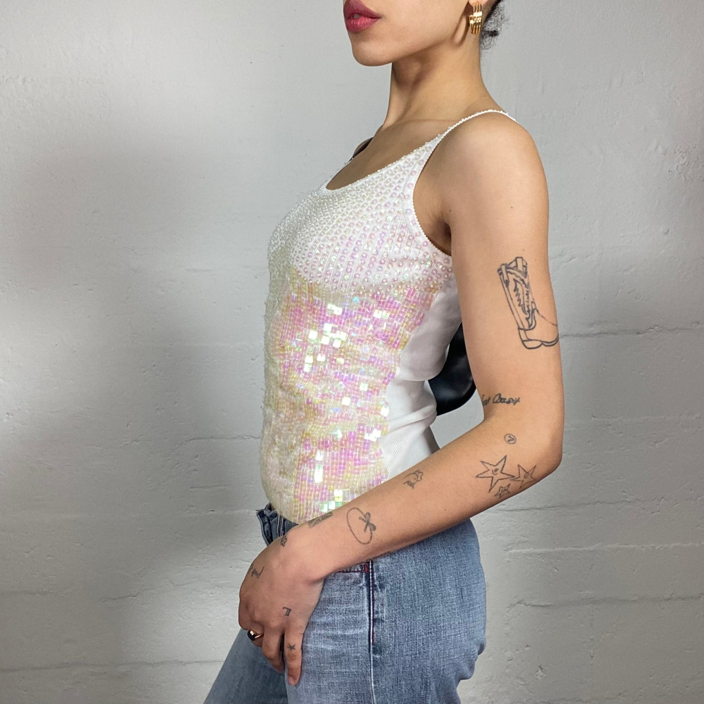 Vintage 2000's Mermaid White Tank Top with Pink Toned Sequins (S)
