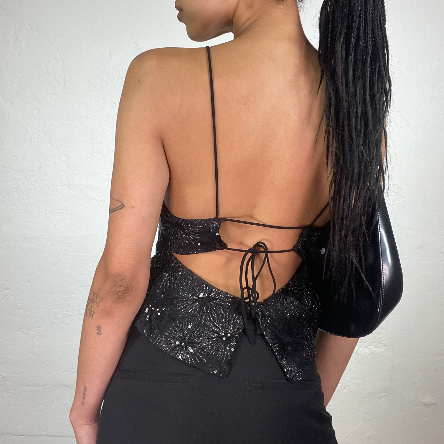 Vintage 2000’s Clubwear Black Chiffon Doll Fit Crop Top with Silver Shiny Print and Open Back (M)