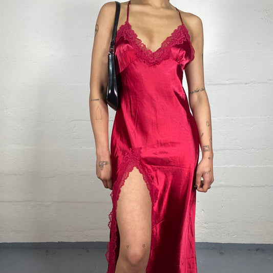 Vintage 2000's Romantic Dinner Date Red Silky Maxi Cami Gown with Side Cut and Lace Trim (M)