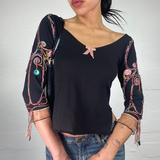 Vintage 2000's Romantic Black 3/4 Sleeve Top with Crochet Abstract Embroidery and Printed Mesh Back (M)