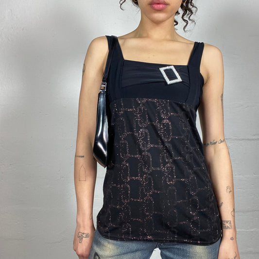 Vintage 2000's Clubwear Black Long Glitter Cami Top with Metal Square Ring Detail (M)