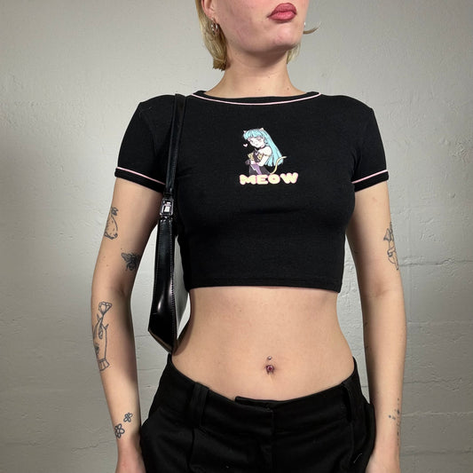 Vintage 2000's Cute Black Cropped Baby Tee with Cartoon Meow Print (S)