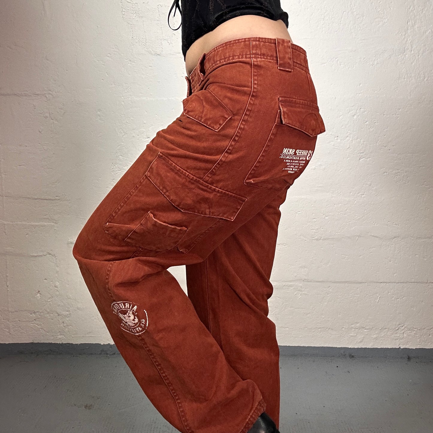 Vintage 2000's Skater Girl Dirty Orange Baggy Cargo Denim Pants (S)