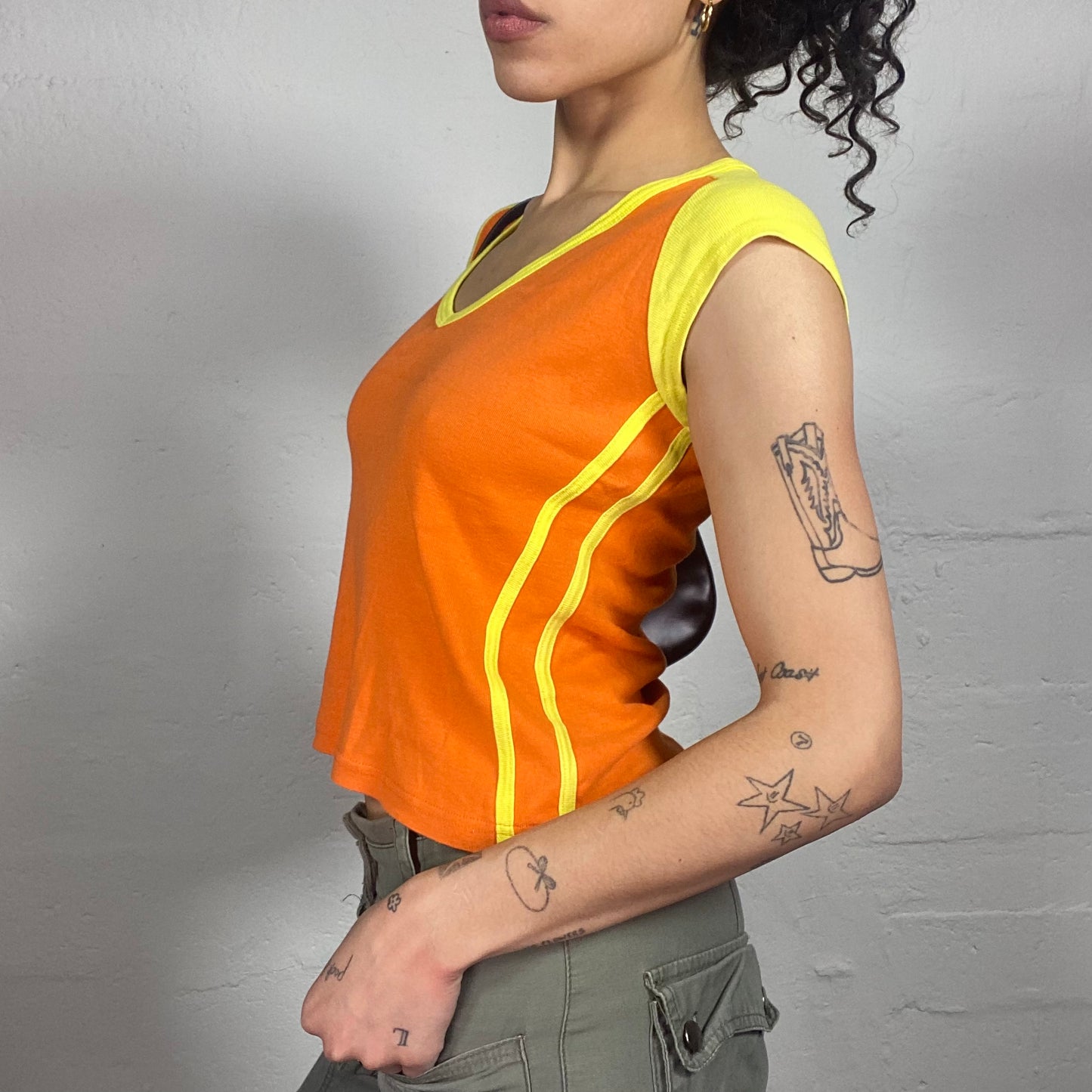 Vintage 2000's Sporty Summer Orange and Yellow Baby Tee with Side Stripes (S)