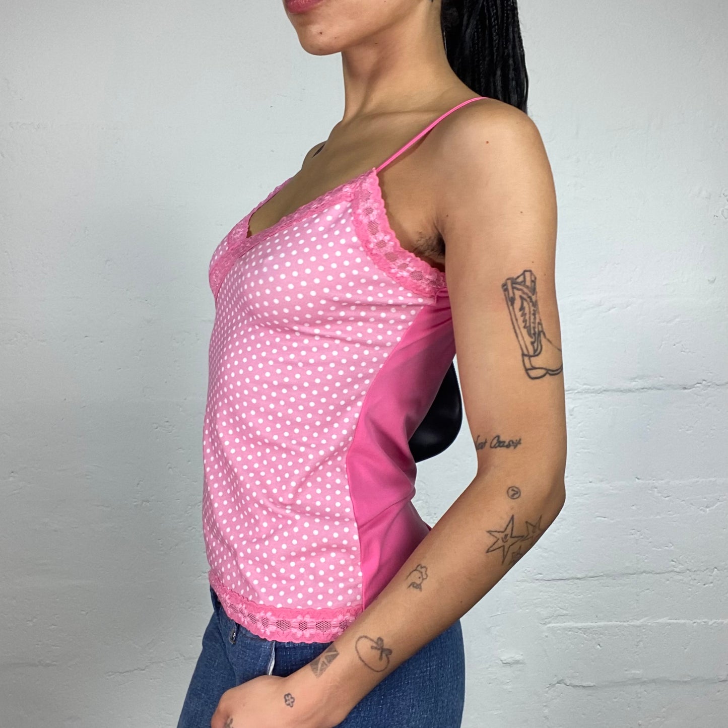 Vintage 2000's Soft Girl Pink Polka Dot Printed Wrapped Bra Cami Top with Lace Decoration (M)