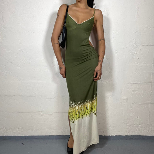 Vintage 2000's Fairy Girl Forest Green Cami Maxi Dress with White Bottom and Open Back (S)