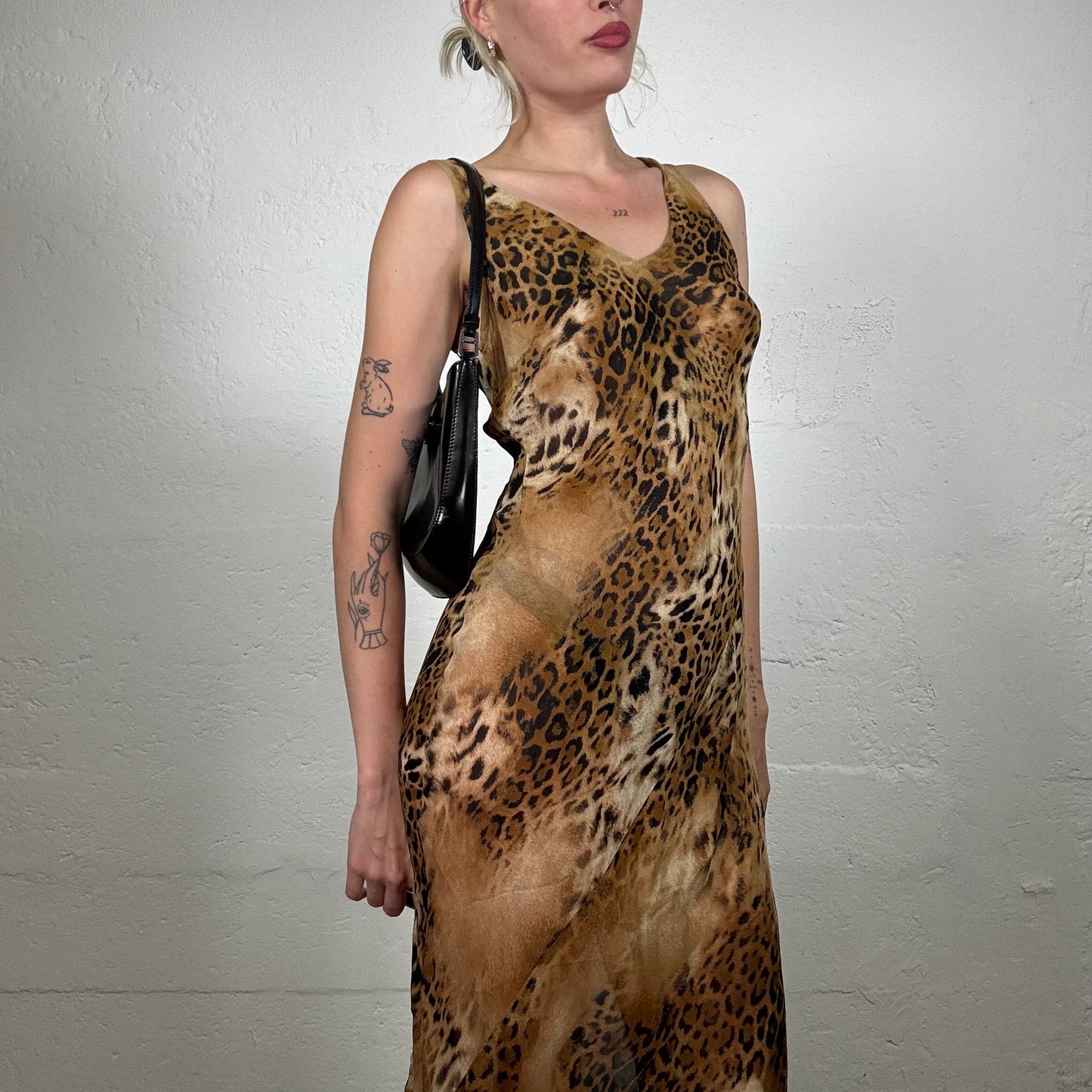 Vintage 2000's Glamorous Cheetah Girl Orange and Brown Toned Midi Leo Printed Dress (S)