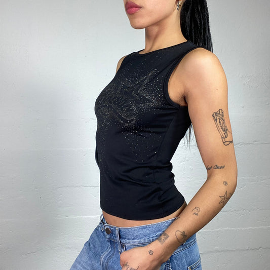 Vintage 2000's Biker Girl Black Tank Top with Shiny Princess Rhinestone Embroidery (M)