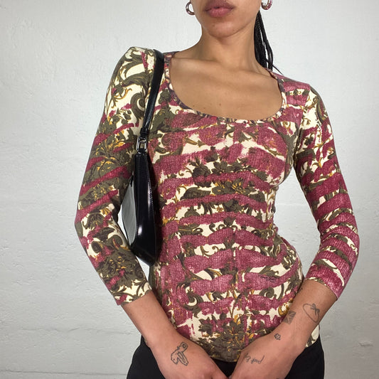 Vintage 2000’s Just Cavalli Boho Girl Faded Red and Khaki Green Abstract Printed 3/4 Sleeve Top (XS)