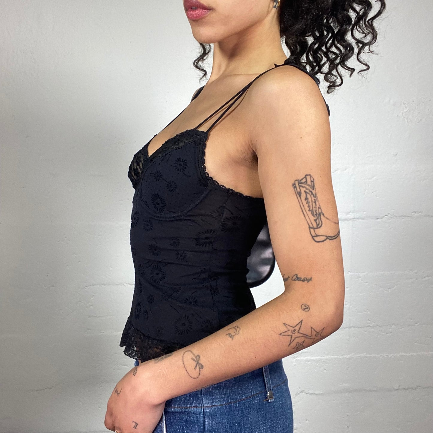 Vintage 2000's Dark Coquette Black Feminine Double String Cami Top with Lace Details (S)