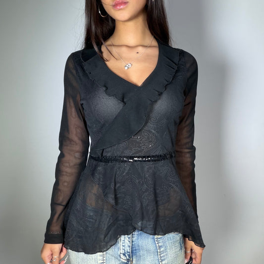 Vintage 90's Romantic Black Mesh Top with Ruffle Detail (S)
