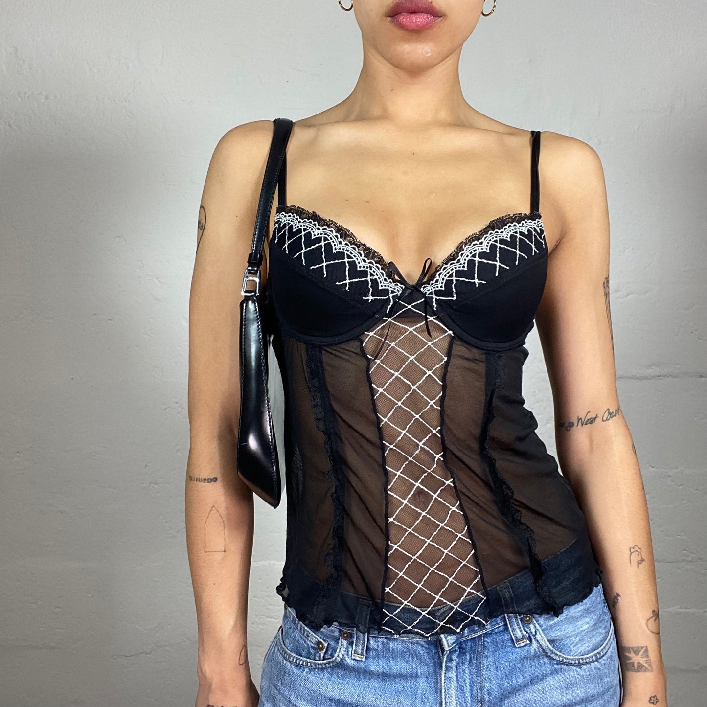Vintage 2000's Romantic Black Lingerie Style Corset Top with White Decorations (S)