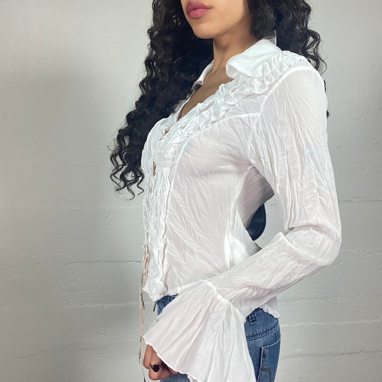 Vintage 2000's Romantic Boho White Textured Lace Up Collared Shirt with Flared Sleeves (S)