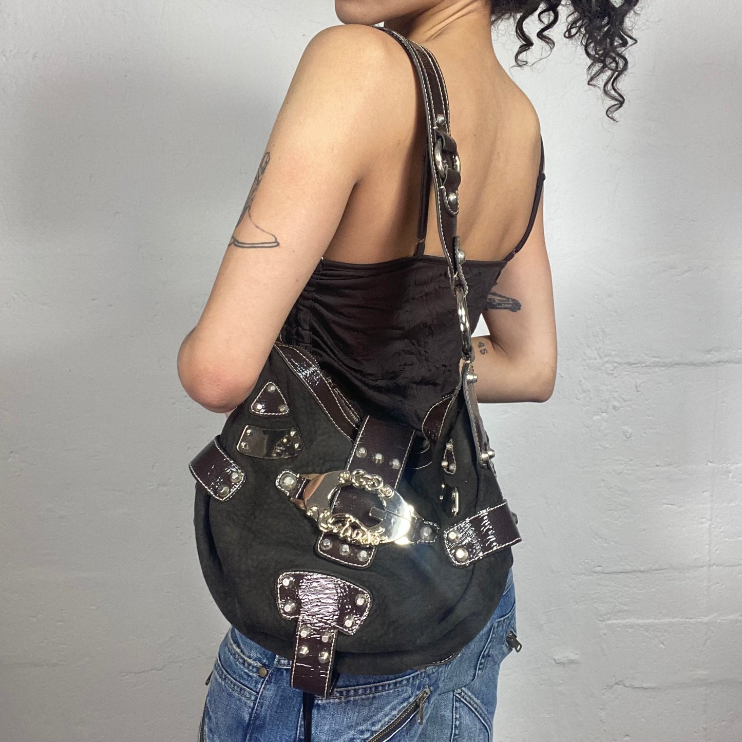 Vintage 2000's Glamorous Guess Brown Glossy Leather and Belts Details Shoulder Bag