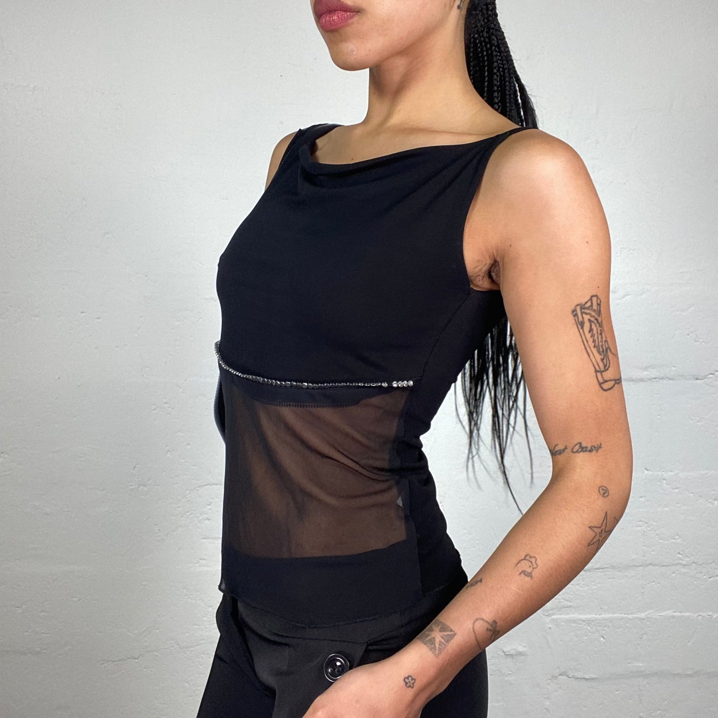 Vintage 2000's Night Out Black Half Mesh Boat Neck Cut Top with Rhinestone Stripe Detail (S)