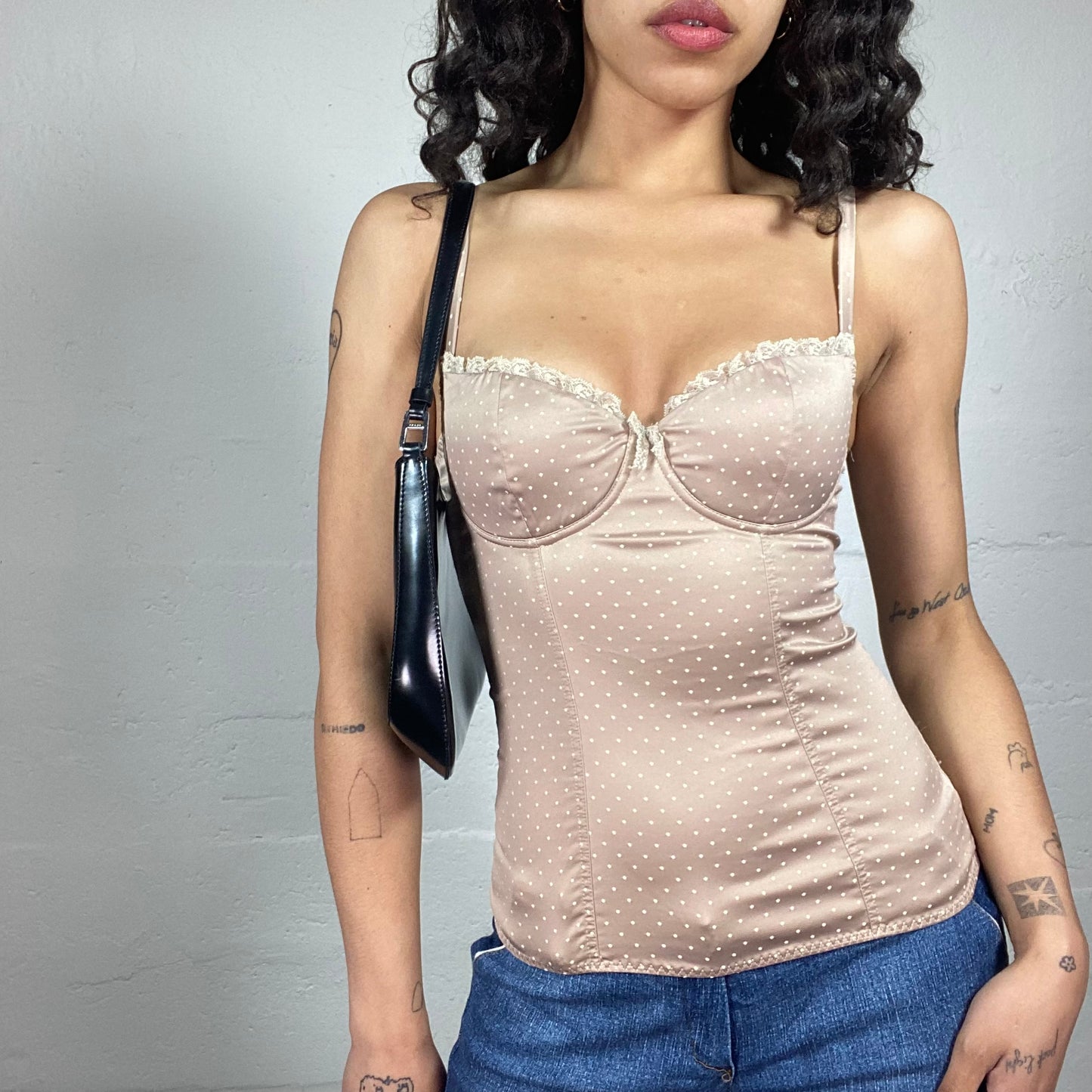 Vintage 2000's Coquette Silky Beige Polka Dot Print Corset with Ruffled Trim (S)