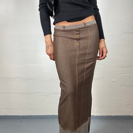Vintage 2000's Downtown Girl Coffee Brown and Beige Maxi Slim Fit Skirt (S)