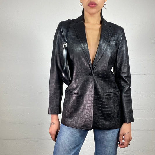 Vintage 2000's Femme Fatale Black Glossy Lamb Leather Crocodile Skin Effect Texture Blazer (M)