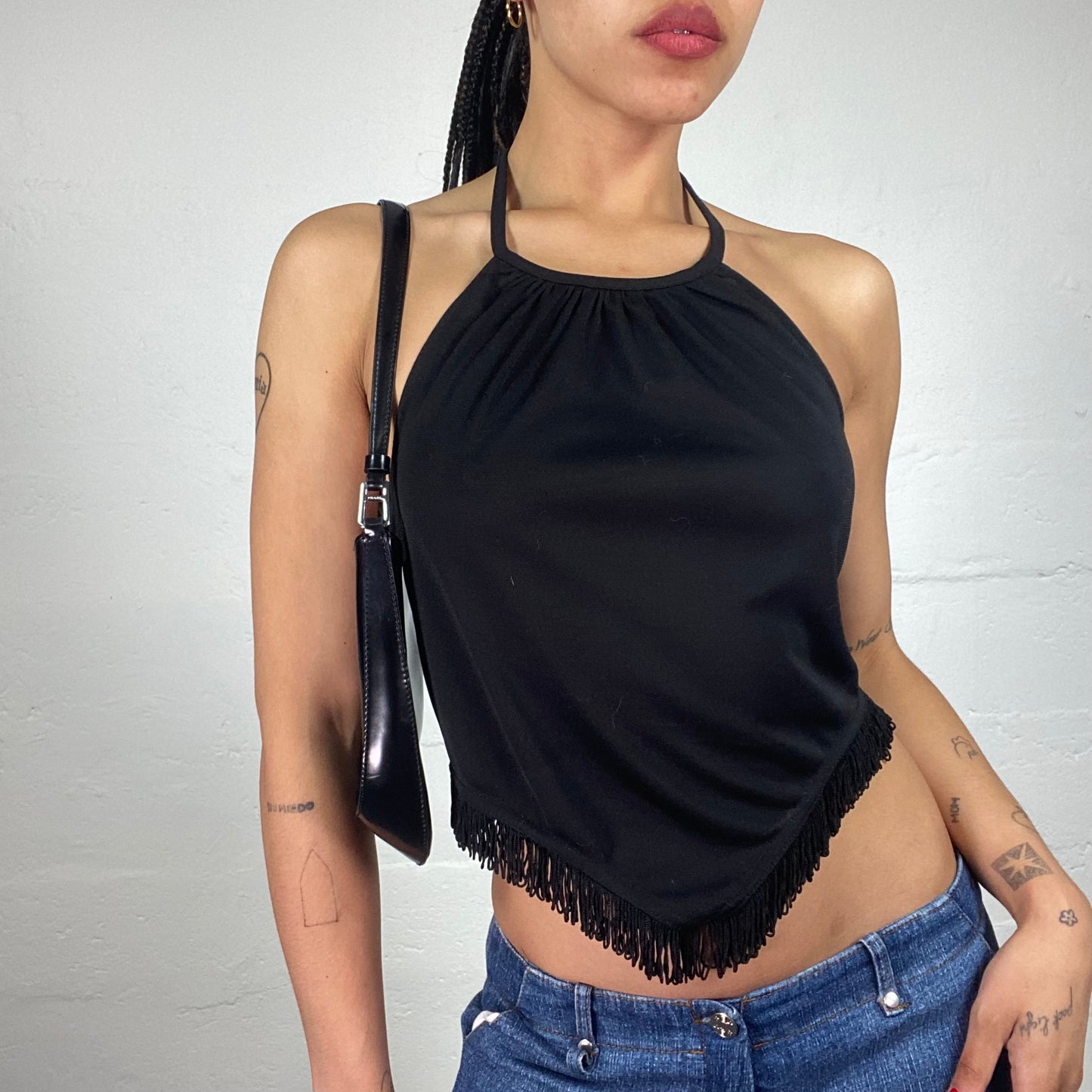 Vintage 2000's Cowgirl Black Draped Neckholder Top with Fringe Trim (S)
