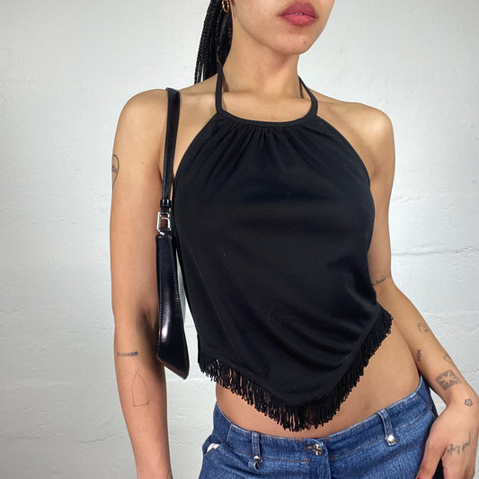 Vintage 2000's Cowgirl Black Draped Neckholder Top with Fringe Trim (S)