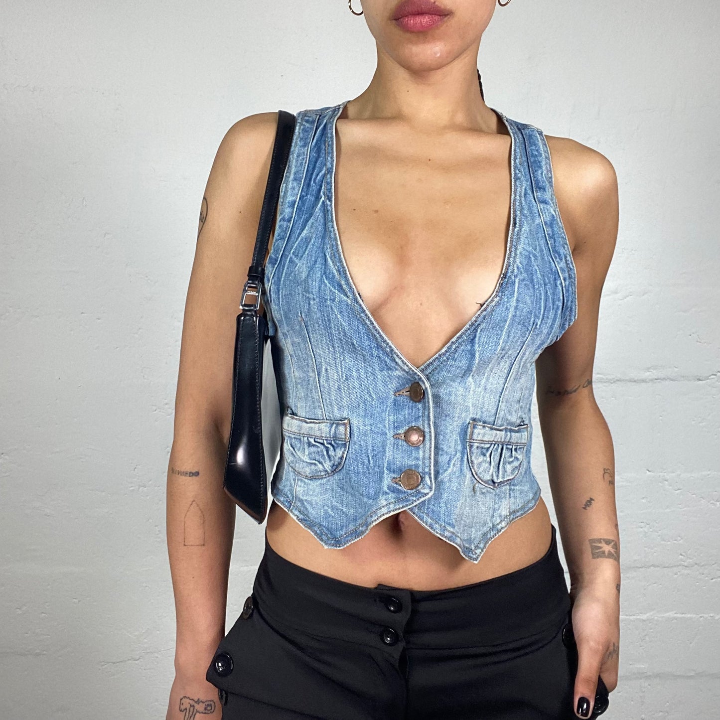 Vintage 2000's Xtina Washed Out Blue Denim Button Up Vest Top (S)