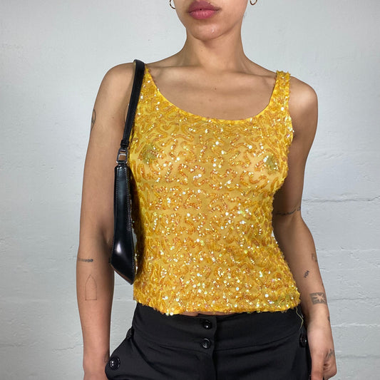 Vintage 2000's Funky Clubwear Yellow Sequin Decorated Tank Top (S)