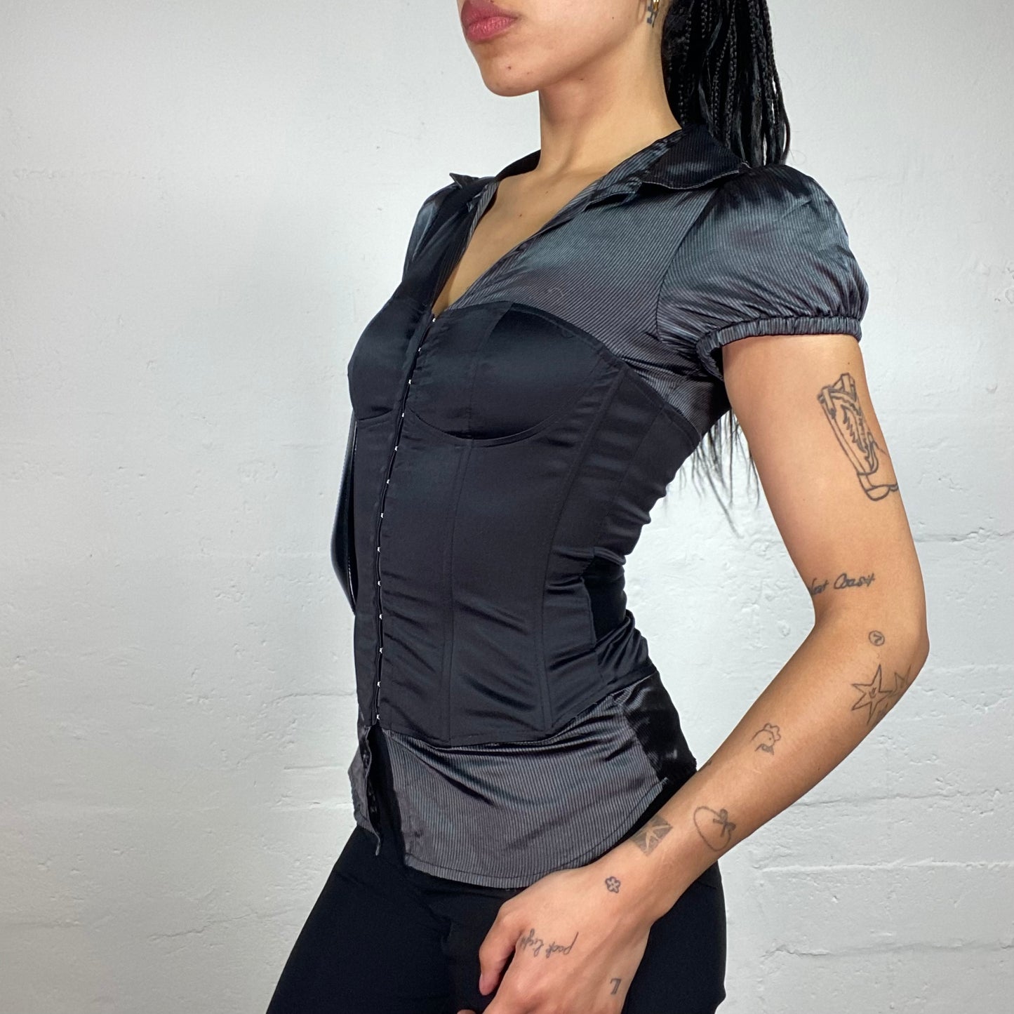 Vintage 2000's Office Girl Doll Cut Black Satin Top with Corset Bustier (S)