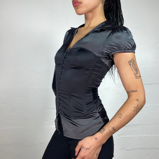 Vintage 2000's Office Girl Doll Cut Black Satin Top with Corset Bustier (S)