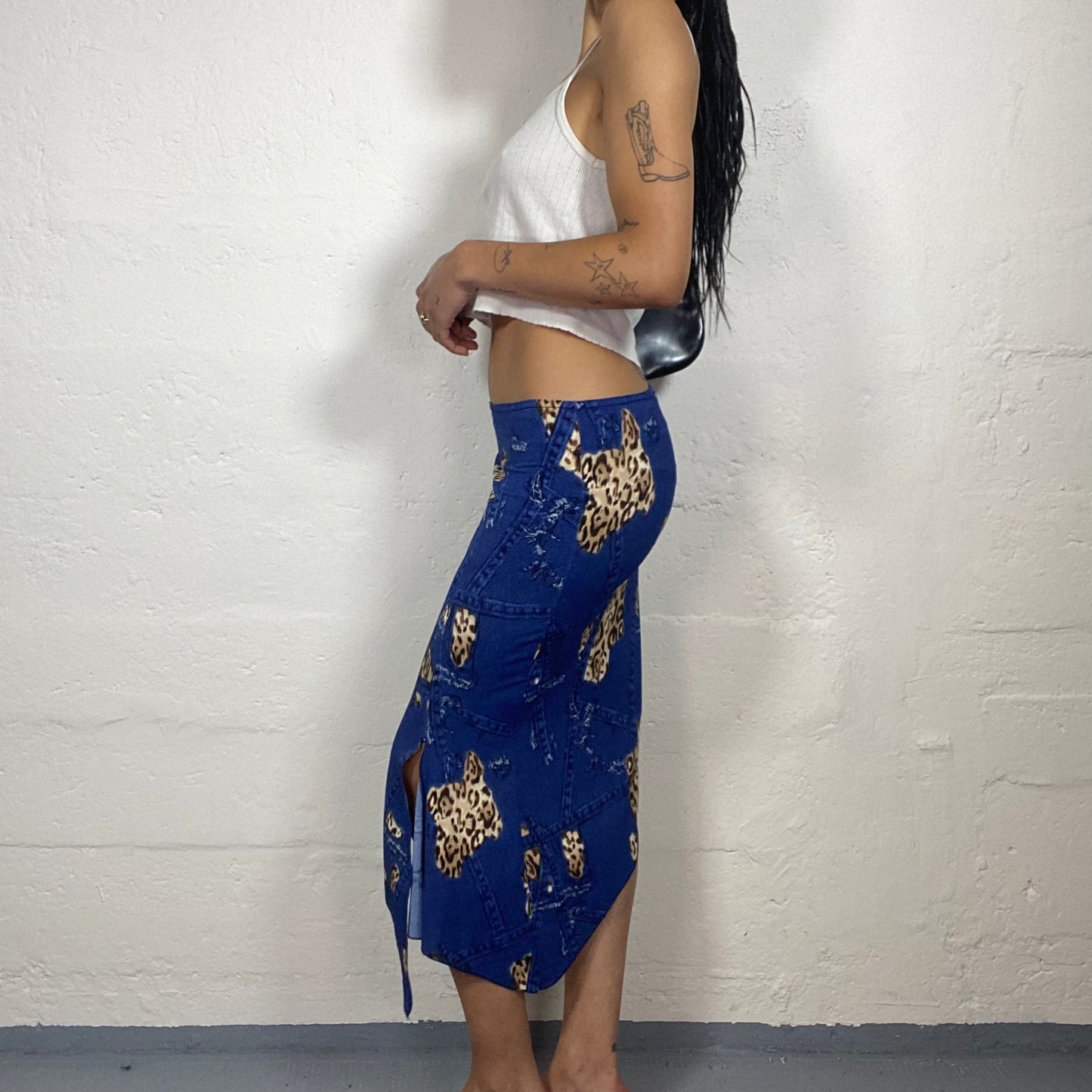 Vintage 2000’s Romantic Deep Blue Denim Effect and Cheetah Patches Print  Asymmetric Skirt (S)