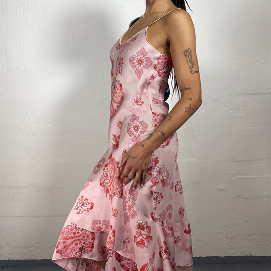 Vintage 2000's Romantic Pink Chiffon Maxi Layered Cami Dress with Red Floral Print (S)